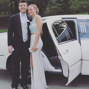 White and blue full length two-piece prom dress